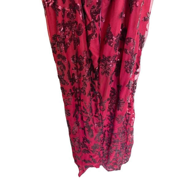 Sequined Burgundy Halter Evening Gown With Floral Embellishments & Lace-Up Back - Picture 6 of 6